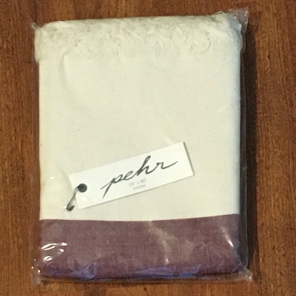 New Pehr Chambray Table Runner Wine/Cream w Fringe